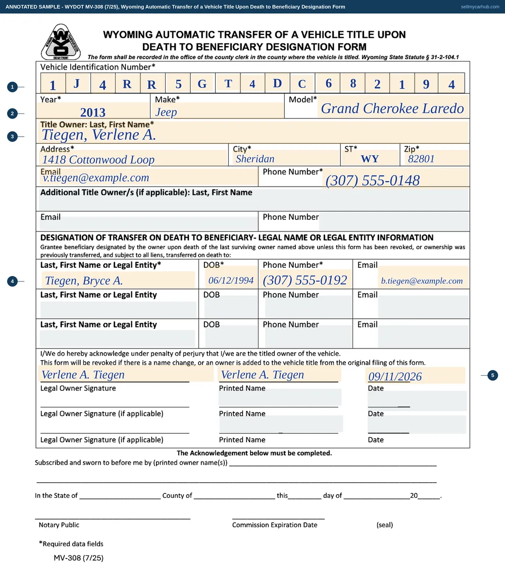 A completed Wyoming Automatic Transfer of a Vehicle Title Upon Death to Beneficiary Designation Form. The identification number 1J4RR5GT4DC682194 runs one character to a box across seventeen printed cells, above year 2013, make Jeep and model Grand Cherokee Laredo. The title owner is Tiegen, Verlene A. of 1418 Cottonwood Loop, Sheridan, Wyoming 82801, with a phone number and email. The additional owner rows are greyed out. The first beneficiary row names Tiegen, Bryce A. with a date of birth of 06/12/1994, a phone number and an email, and the second and third beneficiary rows are greyed out. The owner has signed and printed her name with a date of 09/11/2026. The notarial acknowledgement at the foot is left blank for the officer.