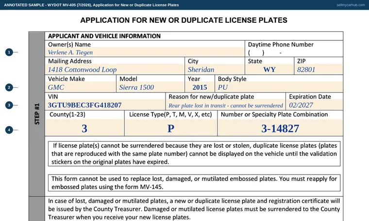 Top of our filled-in example of Wyoming MV-405, Application for New or Duplicate License Plates