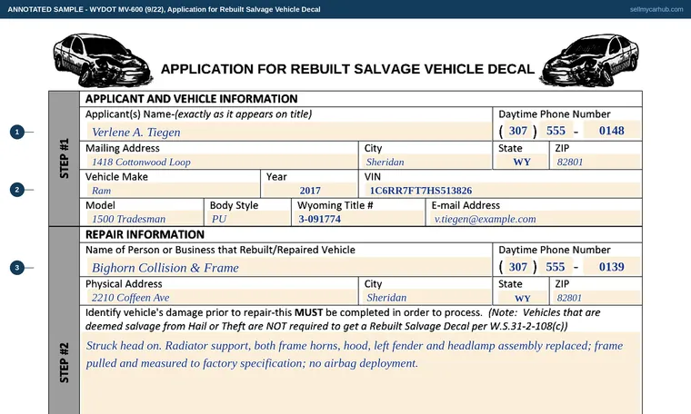 Top of our filled-in example of Wyoming MV-600, Application for Rebuilt Salvage Vehicle Decal