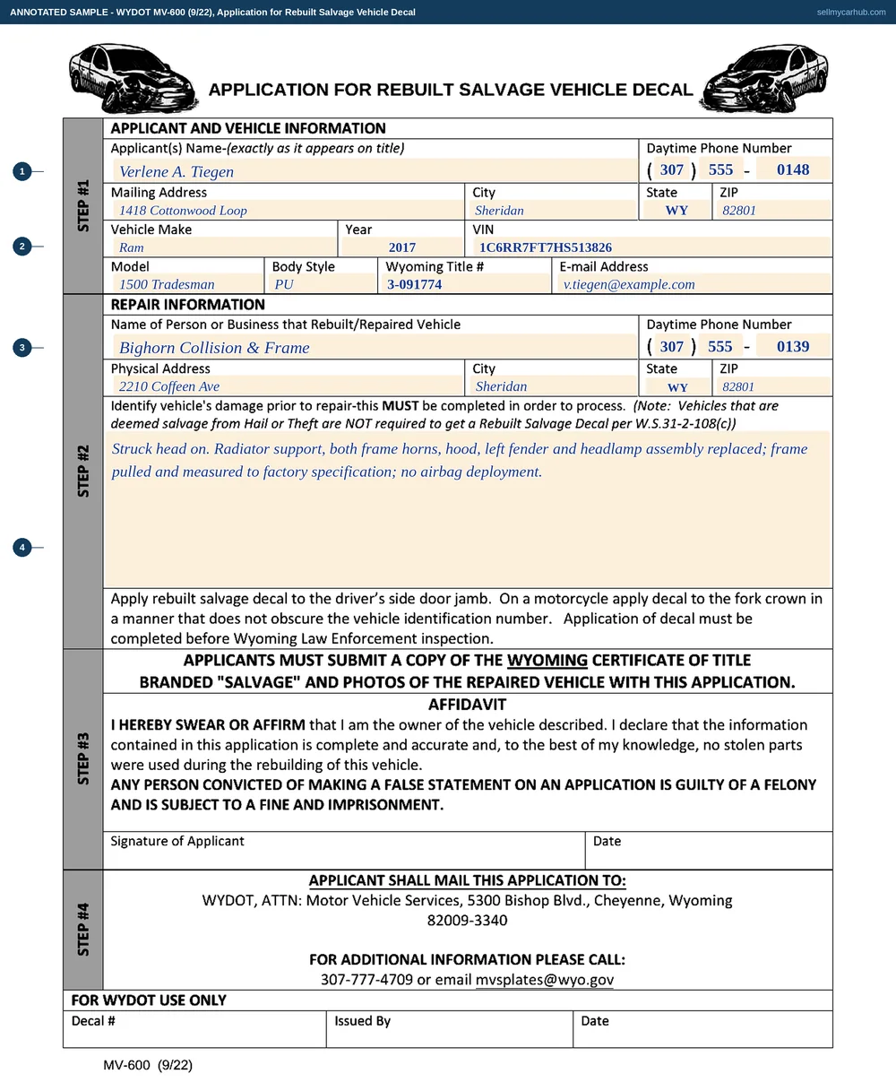 A completed Wyoming Application for Rebuilt Salvage Vehicle Decal. The applicant is Verlene A. Tiegen of 1418 Cottonwood Loop, Sheridan, Wyoming 82801. The vehicle rows read make Ram, year 2017, identification number 1C6RR7FT7HS513826, model 1500 Tradesman, body style PU and Wyoming title number 3-091774. The repair block names Bighorn Collision & Frame of 2210 Coffeen Ave, Sheridan, Wyoming 82801. The damage description reads that the vehicle was struck head on, with the radiator support, both frame horns, hood, left fender and headlamp assembly replaced and the frame pulled and measured to factory specification. The affidavit's own signature and date rules at the foot carry no fillable box in the document and are left blank for pen, as is the department's decal number block below them.