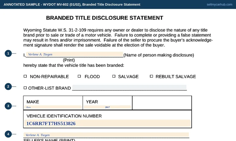 Top of our filled-in example of Wyoming MV-602, Branded Title Disclosure Statement