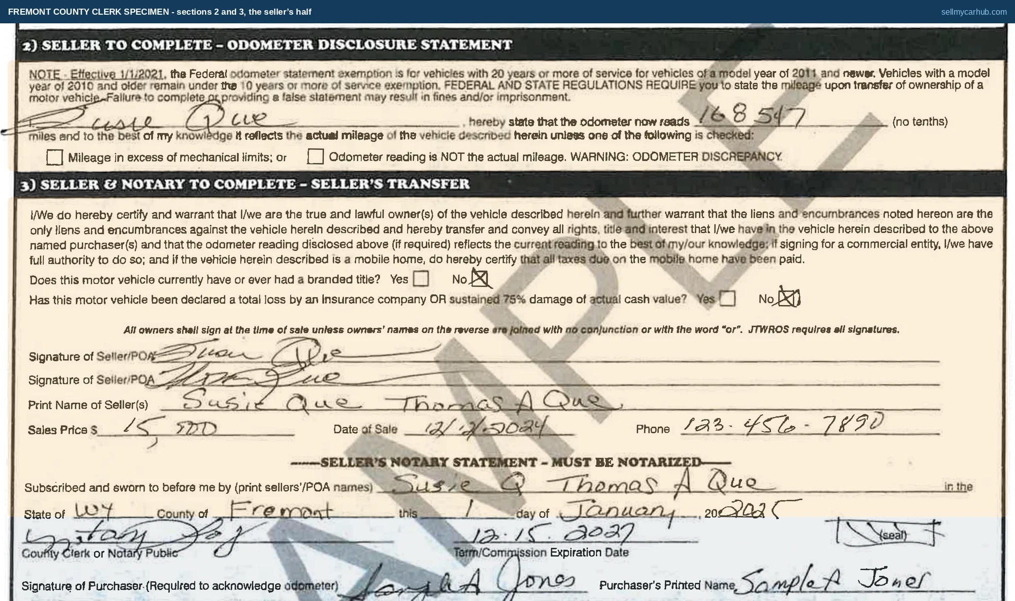 A close view of sections 2 and 3 on the back of a Wyoming Certificate of Title, filled in by hand on the county clerk's sample. Section 2, headed SELLER TO COMPLETE - ODOMETER DISCLOSURE STATEMENT, prints a note that from 1 January 2021 the federal exemption is twenty years of service for model year 2011 and newer while model year 2010 and older remains at ten years, then a signature, a printed name, a reading of 168547 and two unticked boxes for mileage in excess of mechanical limits and for a reading that is not the actual mileage. Section 3, headed SELLER AND NOTARY TO COMPLETE - SELLER'S TRANSFER, carries the warranty paragraph, two brand questions both answered No, two seller signature lines, the printed names Susie Que and Thomas A Que, a sales price, a date of sale and a phone number, and beneath them a block headed SELLER'S NOTARY STATEMENT - MUST BE NOTARIZED with the sellers' names written in, a state and county, a date, a notary signature, a commission expiration date and a seal, followed by a line for the purchaser's signature acknowledging the odometer reading.