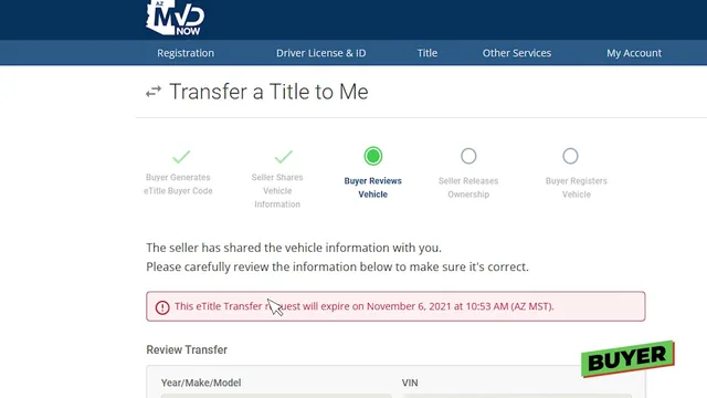 A screen recording of AZ MVD Now showing the Transfer a Title to Me page, with the five eTitle steps across the top and the third one, Buyer Reviews Vehicle, highlighted