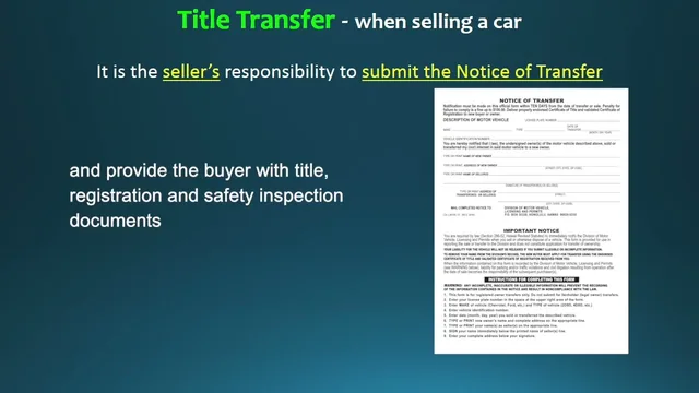 The opening slide of the City and County of Honolulu video for sellers: a dark green title card reading Title Transfer - when selling a car, over the line that it is the seller's responsibility to submit the Notice of Transfer and provide the buyer with title, registration and safety inspection documents, with a small image of the blank Notice of Transfer form beside it.